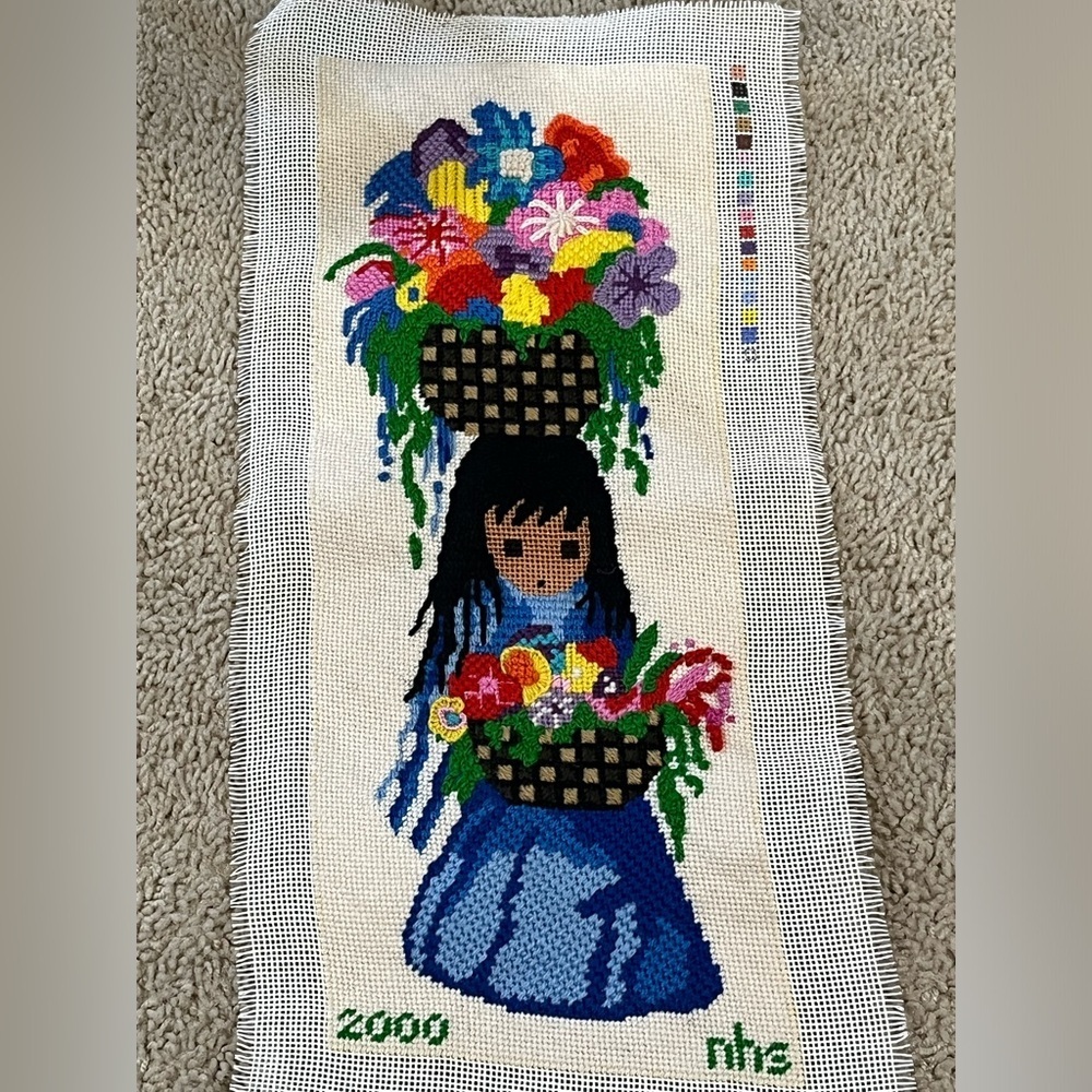 Colorful Floral Needlepoint Artwork Vintage FINISHED AND UNFRAMED 9.5”x 20”